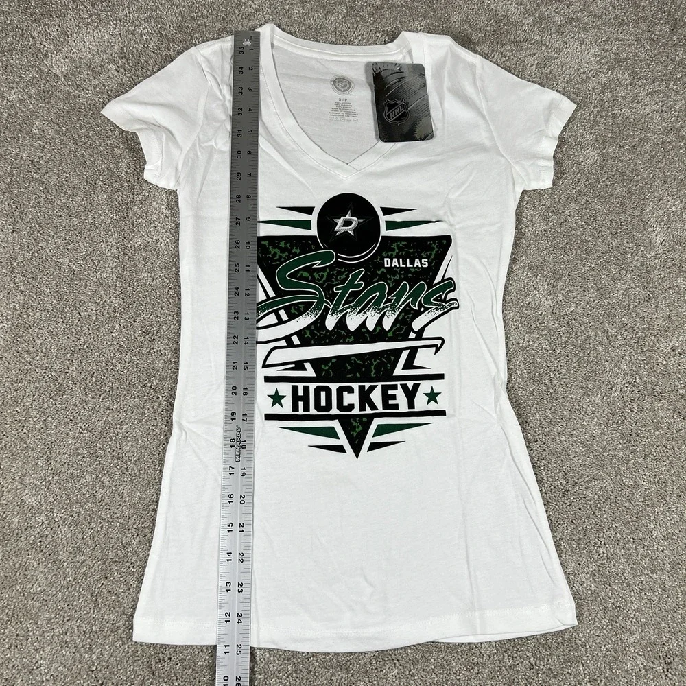 NHL‎ Dallas Stars Womens Small White V-Neck Graphic T-Shirt Short Sleeve New NWT